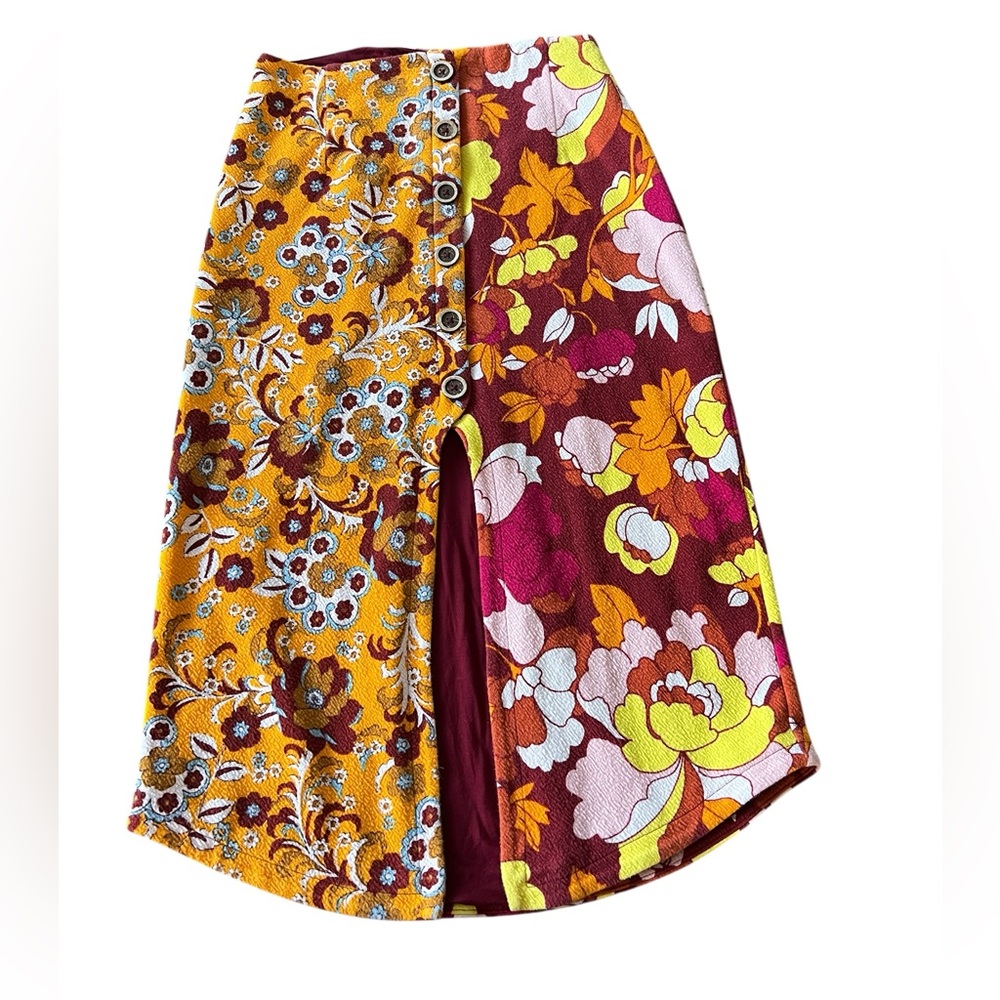 Anthropologie Maeve Front Slit Floral Patchwork Midi Skirt Size S